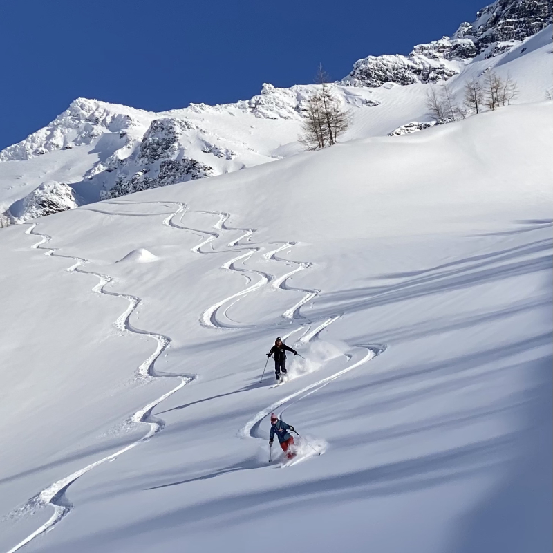 2 skieurs évoluant en ski hors pistes, sortie encadrée par un moniteur de l'école SNOCOOL