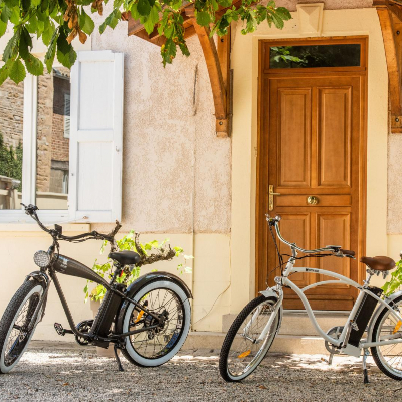 Vélos électrique à disposition pour la location, avec chariot pour enfant pour les familles