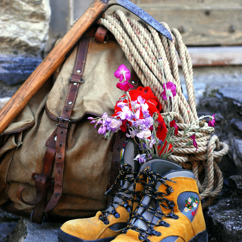 accessoires de randonnée, chaussure, sac à dos, corde, fleurs