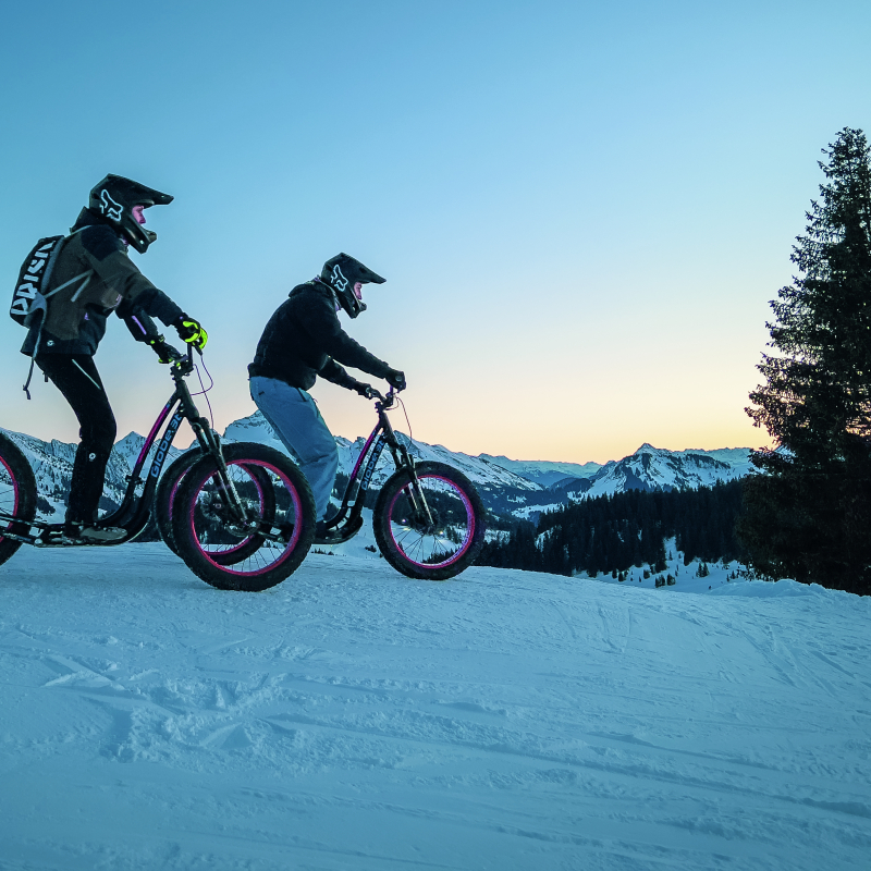 Couple trottinette sur neige