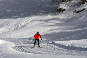Skieur nordique sur la piste bleue